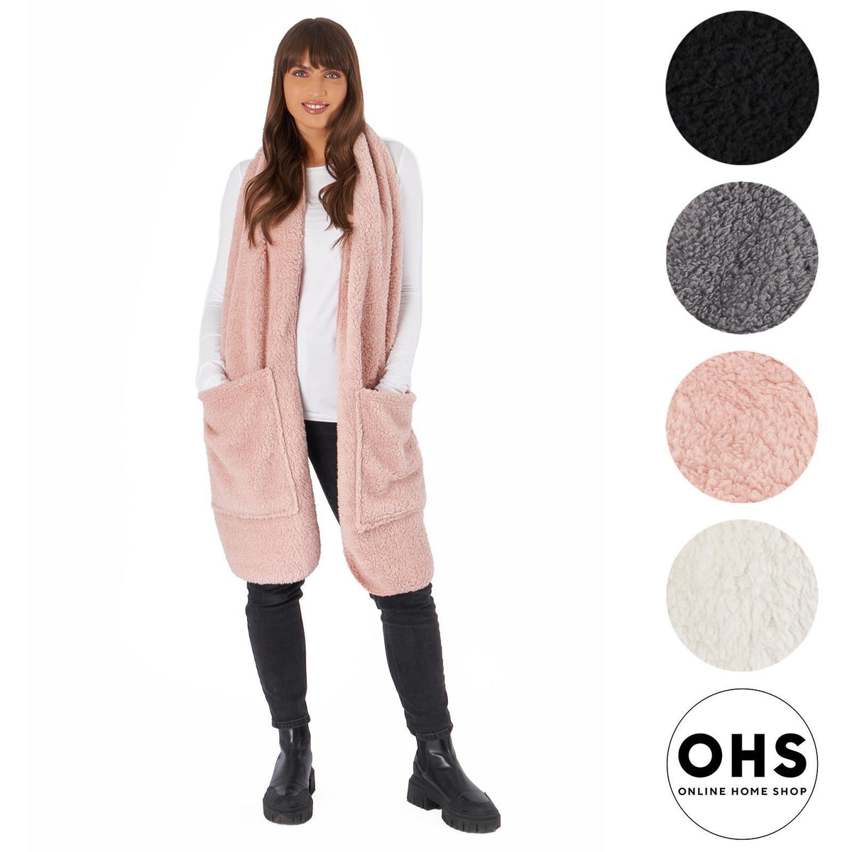 OHS Long Teddy Fleece Scarf Pocket Soft Wrap Plush Womens Shawl Neck Hand Warmer