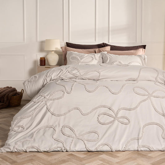 OHS Tufted Bow Bedding Set Soft Cosy Duvet Cover with Pillowcase