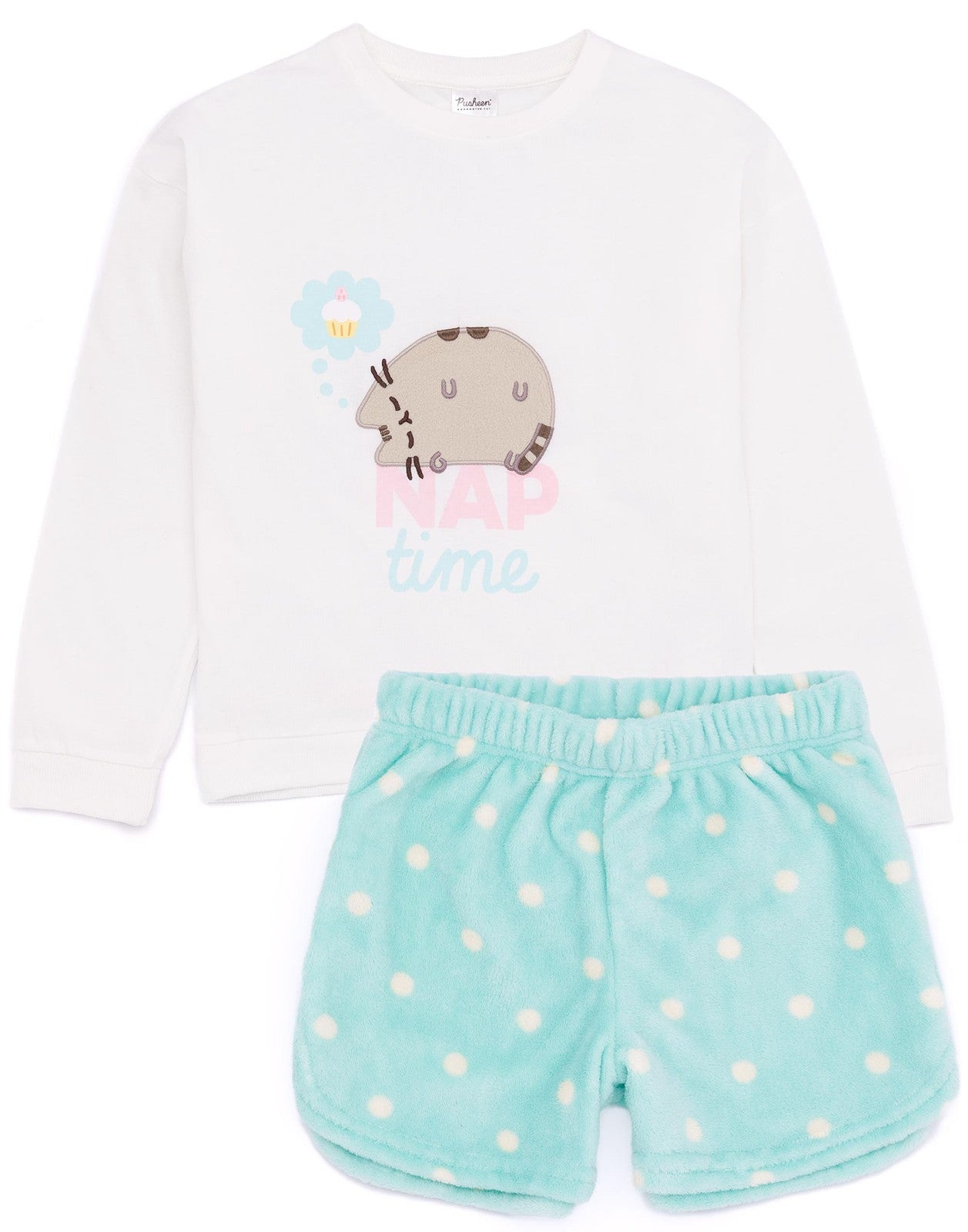 Pusheen Long Sleeve Short Leg Pyjama Set | Girls Blue/Cream | Official Merch