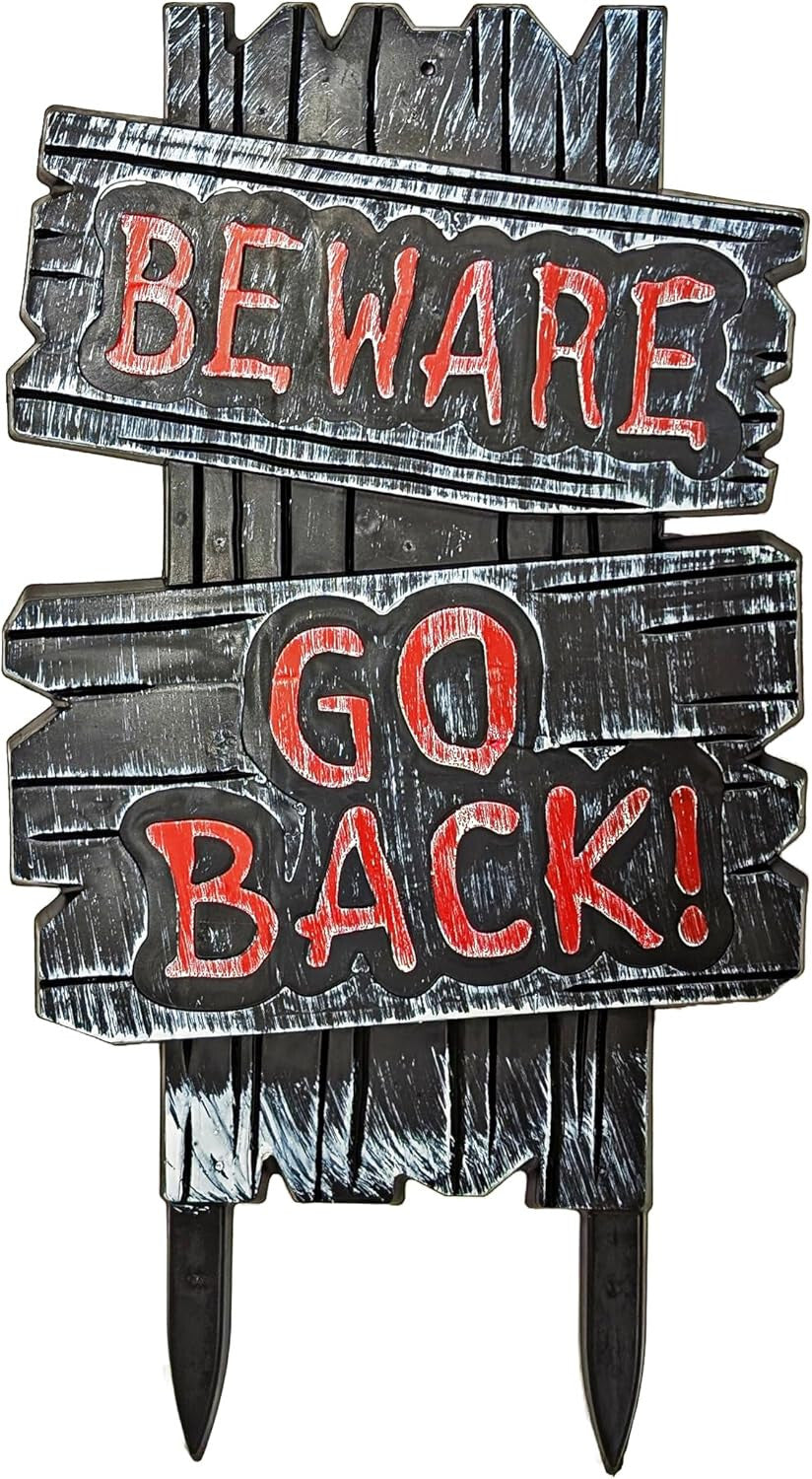 Halloween Garden Decoration BEWARE GO BACK 3D 53cm Sign Party Prop & Stake