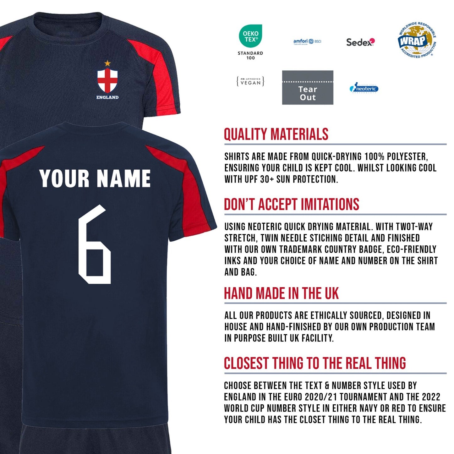Personalised Kids England Style Home Football Kit Shirt Shorts Socks & Bag
