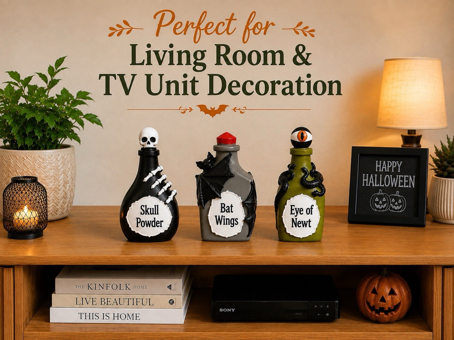 Halloween Decorations Set of 3 Spooky Potion Bottles Hand Painted 15cm Indoor