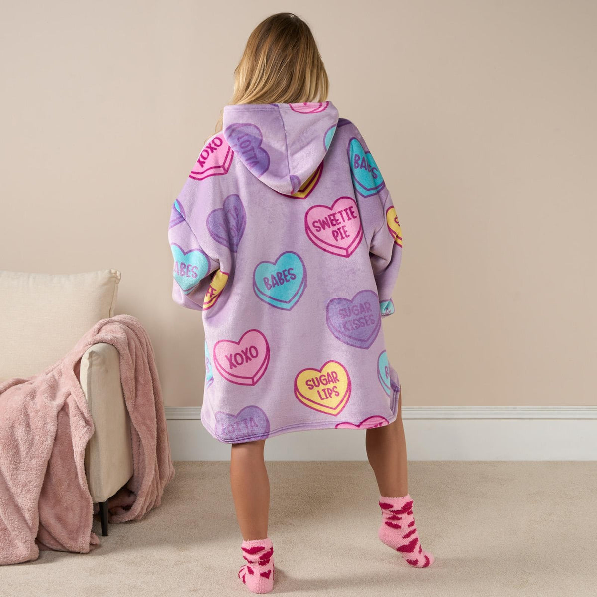 Hoodie Blanket Candy Heart Wearable Throw Oversized Giant Sherpa Fleece Plush