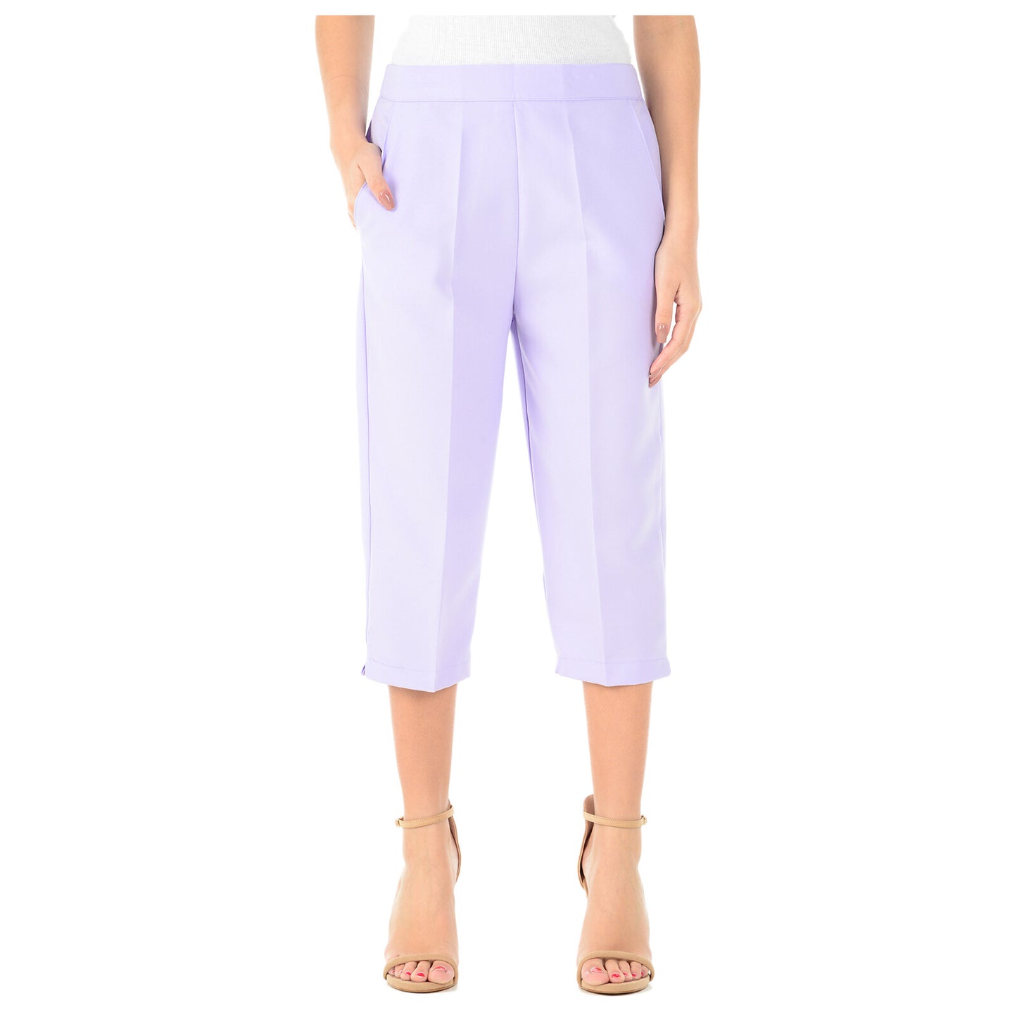 3/4 LENGTH WOMENS LADIES STRETCH ELASTICATED WAIST PLAIN PANTS CROPPED TROUSERS