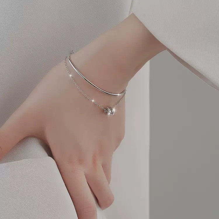 925 Sterling Silver Crystal Double Layer Fashion Charm Bracelet Women Jewellery