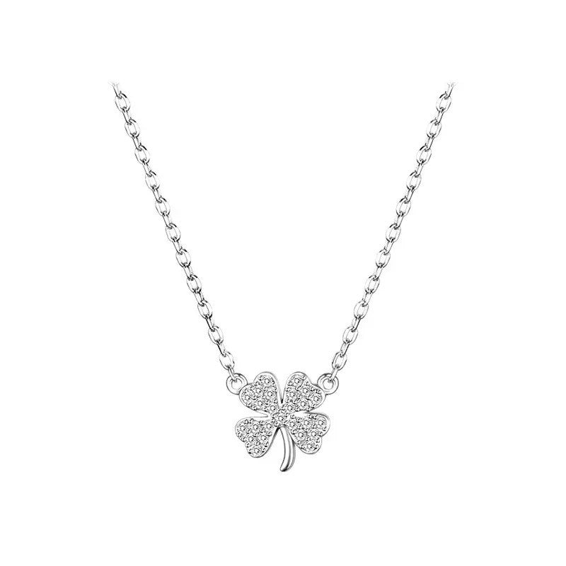 925 Sterling Silver Crystal Clover Flower Pendant Necklace Women Jewellery Gift