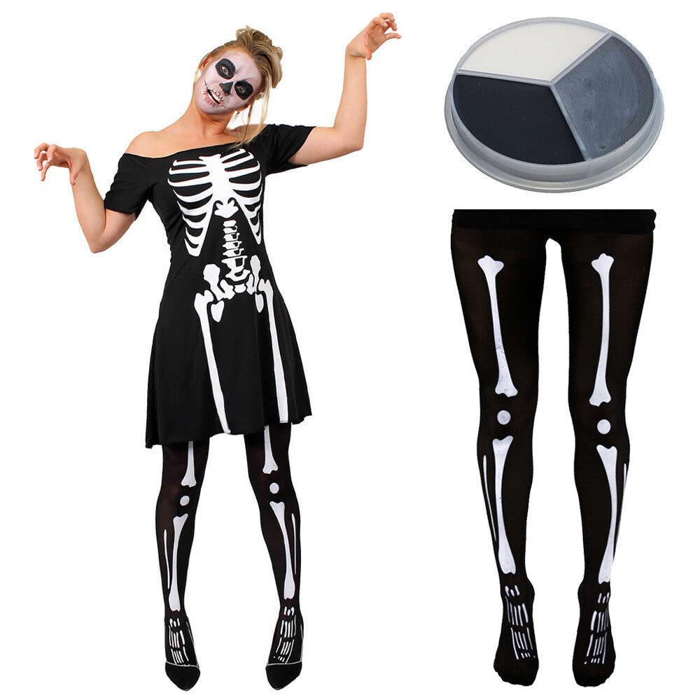 SKELETON SKATER DRESS COSTUME HALLOWEEN FANCY DRESS LADIES WOMENS ADULT OUTFIT