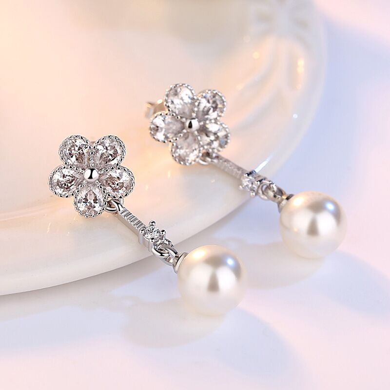 925 Sterling Silver Crystal Flower Pearl Drop Stud Earrings Jewellery Women Gift