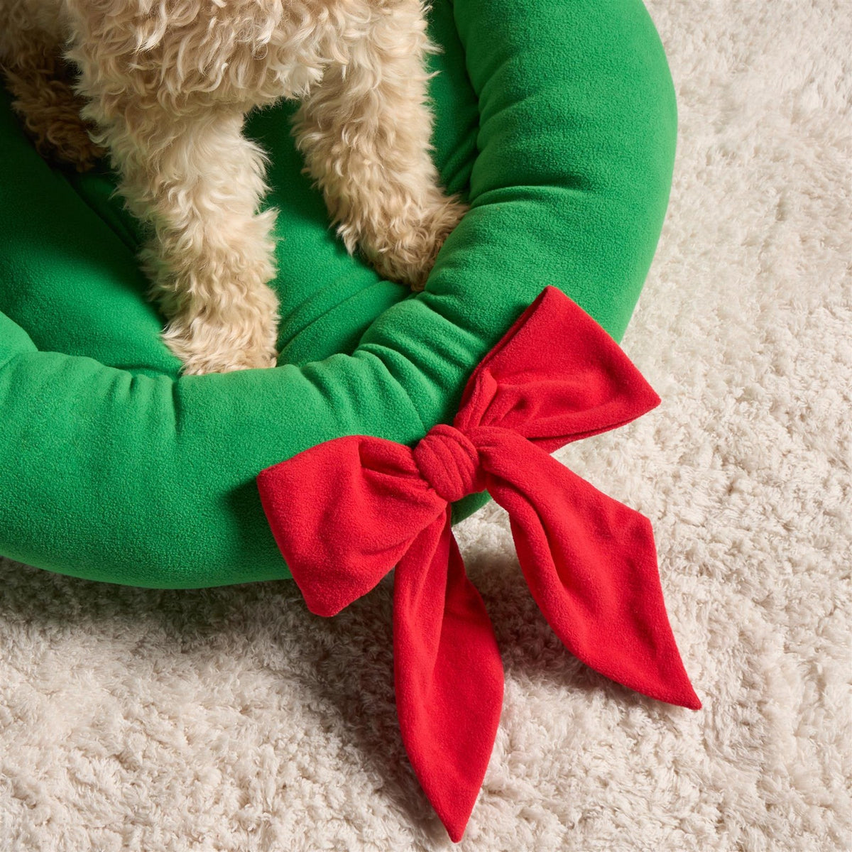 OHS Christmas Pet Bed Novelty Bow Wreath Round Calming Cushion for Dog Cat