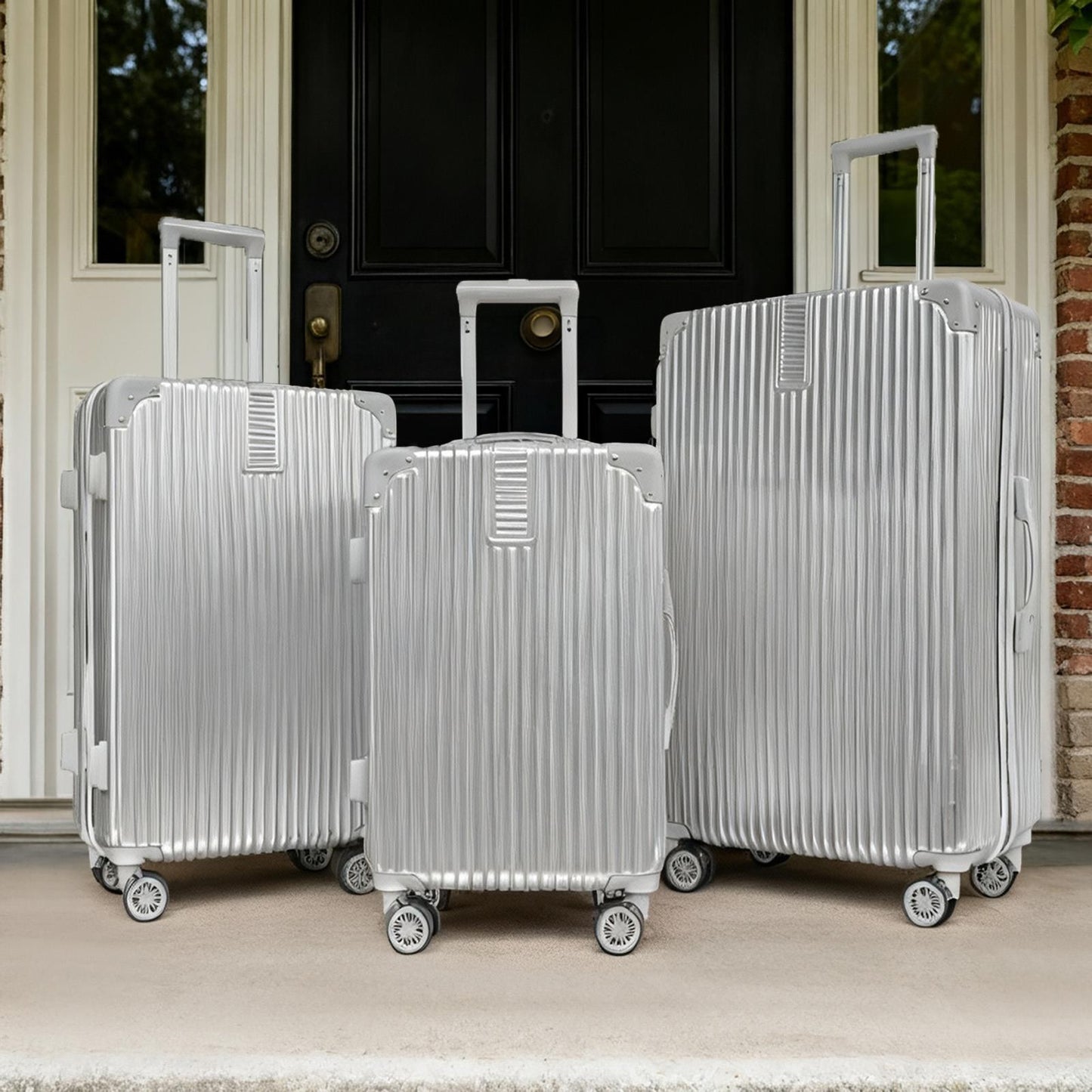OHS Metallic Effect Suitcase Set 3-Piece Hard Shell Luggage 4 Wheel ABS