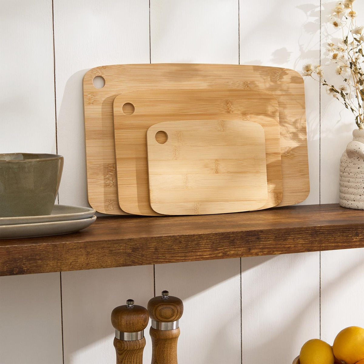 OHS Bamboo Cutting Board Set of 3 Natural Chopping Serving Platter Non-Slip