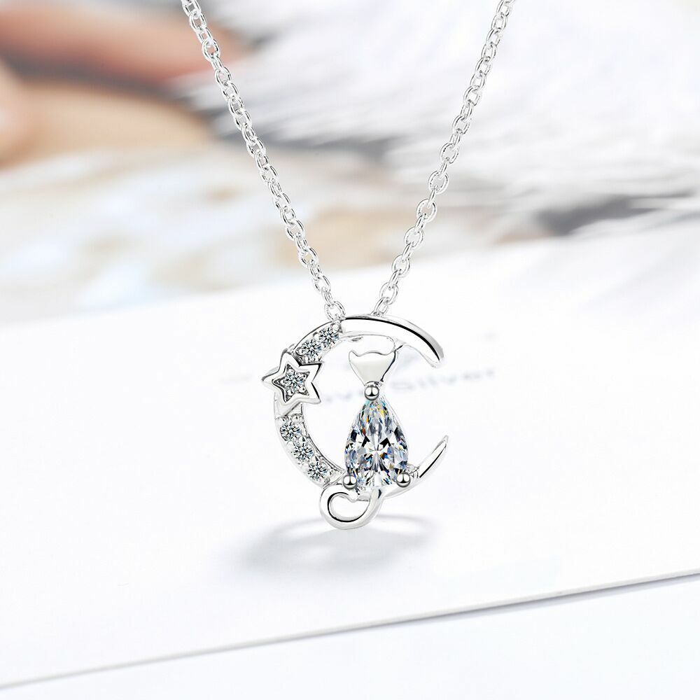 Women Crystal Moon Cat Pendant Chain Necklace 925 Sterling Silver Jewellery UK