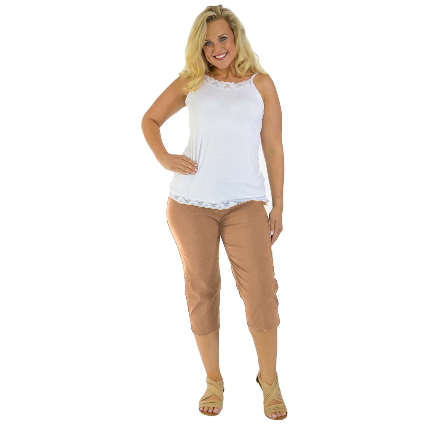 WOMENS LADIES 3/4 TROUSERS STRETCH ELASTICATED WAIST PLAIN CROPPED PLUS BIG SIZE