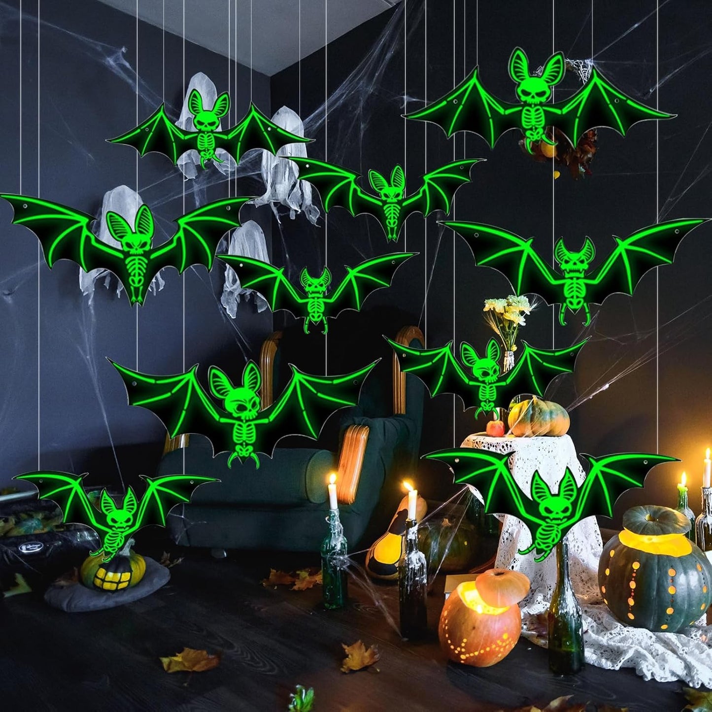 10Pcs Hanging Bats Halloween Decorations Outdoor - Large Flying Plastic Bats UK