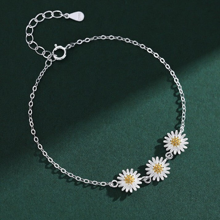 925 Sterling Silver Beautiful Flower Linked Charm Bracelet Women Girls Jewellery