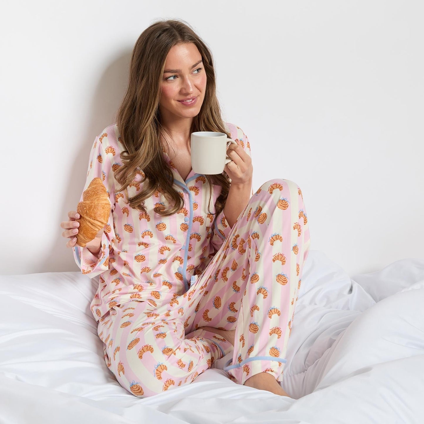 OHS Breakfast Pyjama Set Jersey Button Through Ultra Soft Nightwear Loungewear