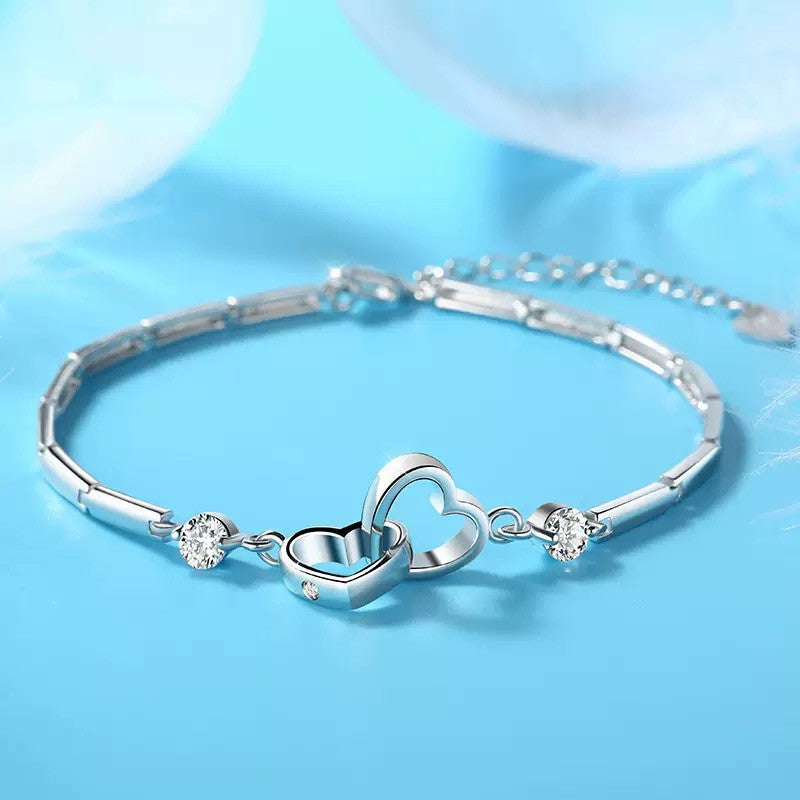 925 Sterling Silver Crystal Heart Linked Bracelet Women Girls Jewellery Gift UK