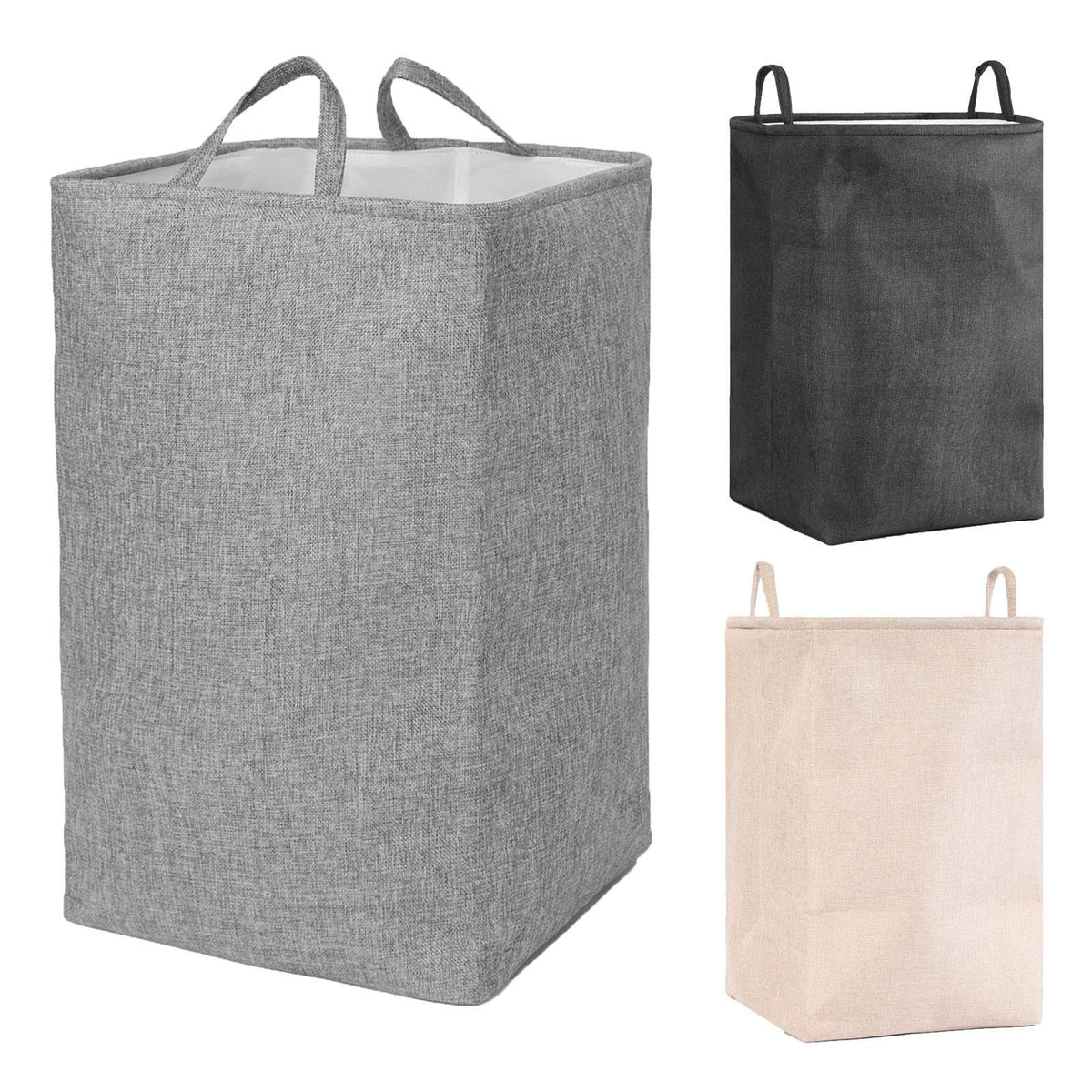 Laundry Basket Bag Foldable Drawstring Clothes Bin Organiser Faux Linen Handles