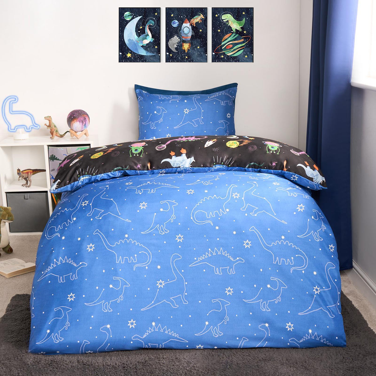 Space Duvet Cover Bedding Set Kids Pillowcases Dinosaur Soft Reversible Quilt