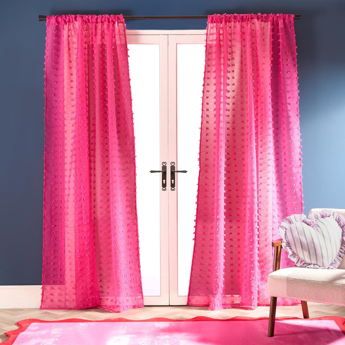 OHS Pompom Tufted Voile Net Curtains Pair 2 Window Panels Slot Top Set 55" Wide
