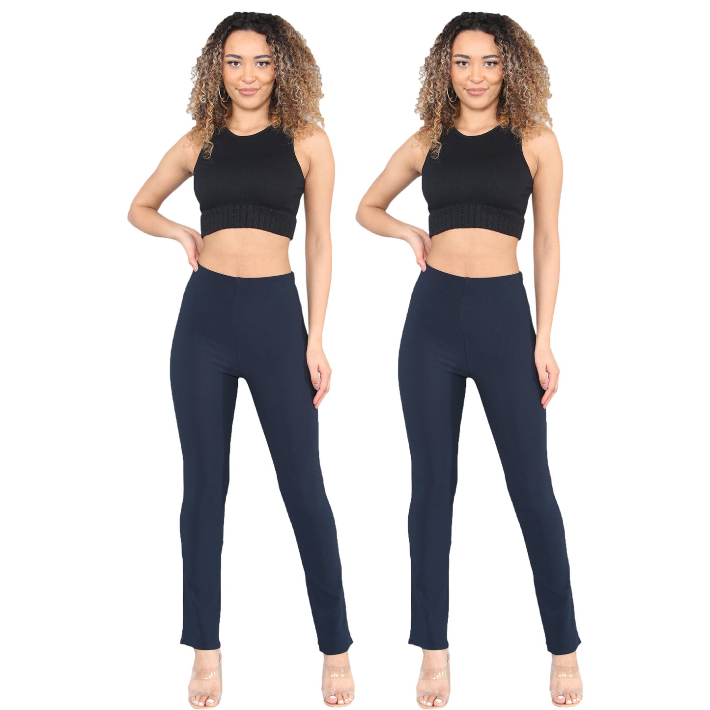 PACK OF 2 WOMENS BOOTLEG TROUSERS LADIES ELASTICATED WAIST RIBBED PANTS BOTTOMS