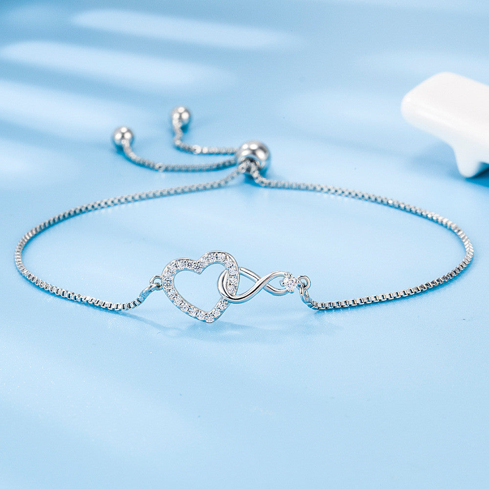 925 Sterling Silver Crystal Heart Fahsion Adjustable Bracelet Women Jewellery