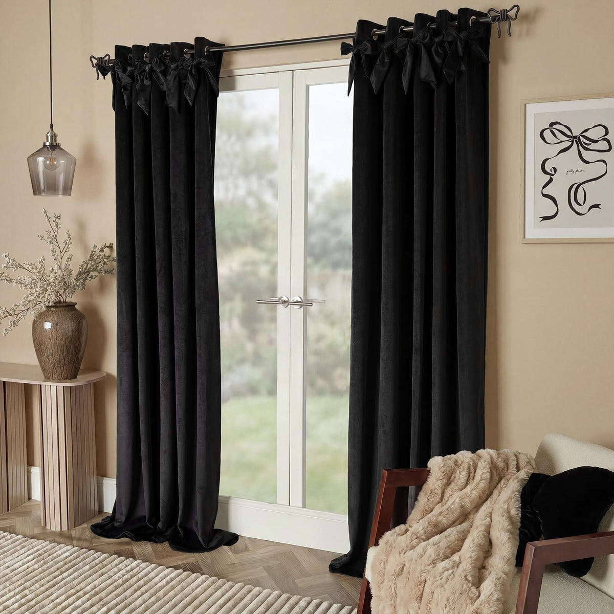 OHS Velvet Eyelet Curtains Bow Decor 2 Pair Of Ready Made Luxury Thick Ring Top