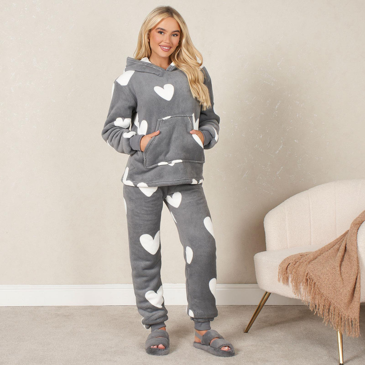 Ladies Fleece Pyjama Set Soft Sherpa Womens PJ Heart Lounge Pants Warm Nightwear