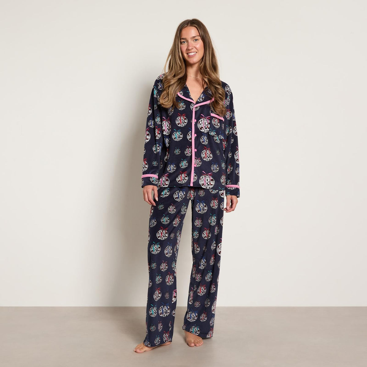 OHS Matte Velvet Pyjama Set Festive Piped Button Through Nightwear PJs