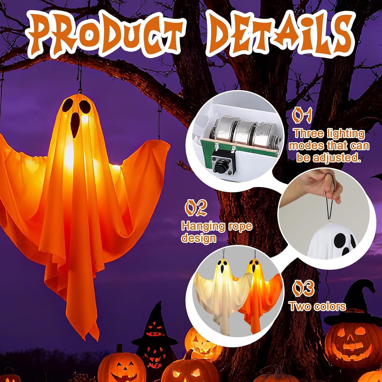 2Pcs Halloween Ghost Decorations Hanging LED Light Up Spooky Outdoor Yard Decor