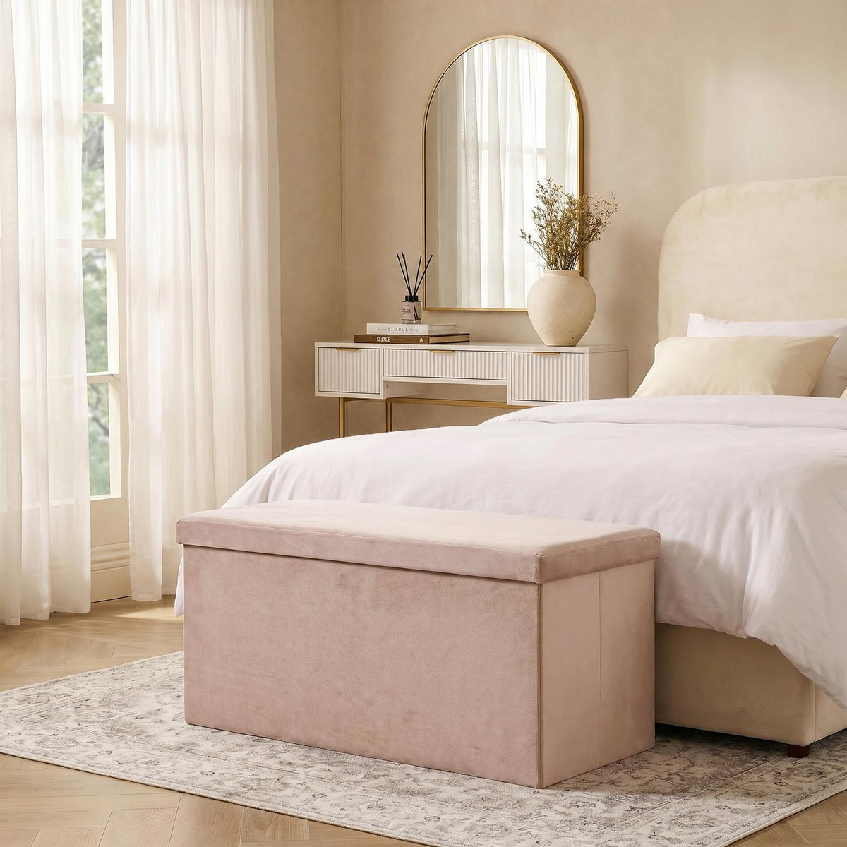 OHS Folding Ottoman Storage Box Footstool Tub Space Saving Velvet Seat