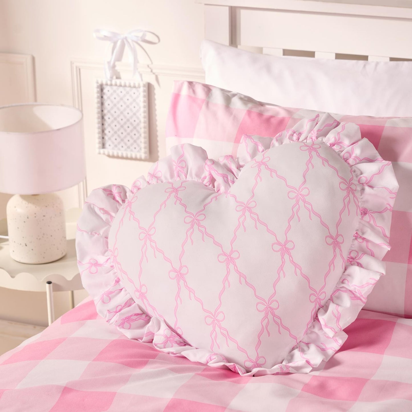 OHS Heart Scatter Cushion Bow Lattice Frill Microfibre Decorative Throw Pillow