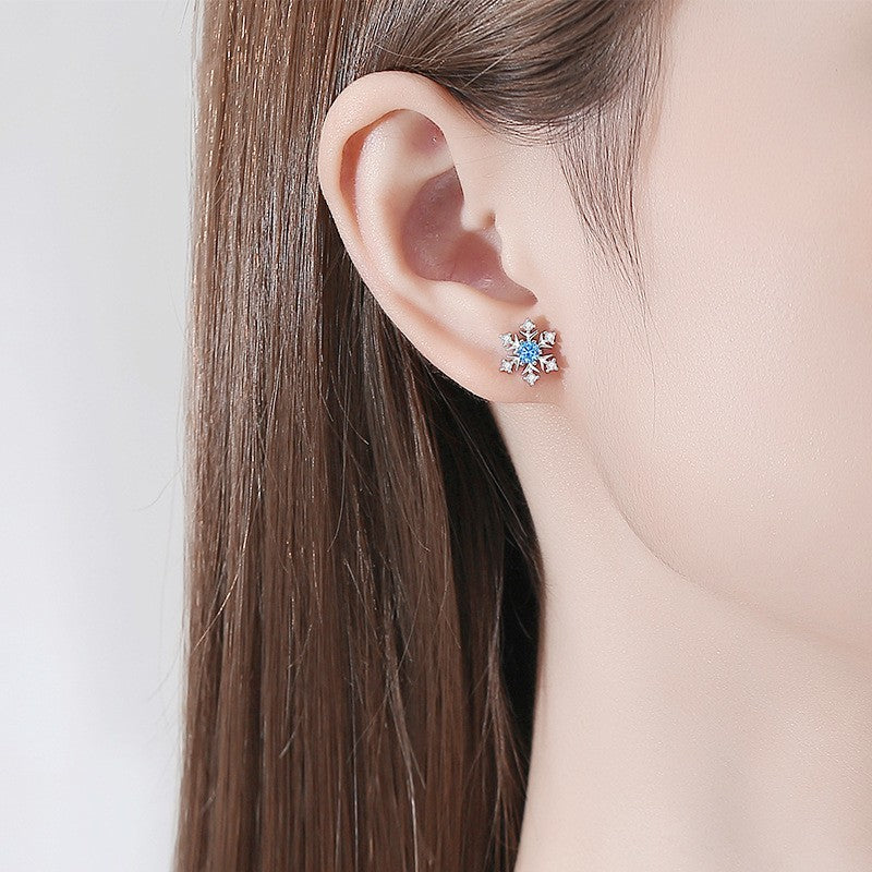 Crystal Snowflakes 925 Sterling Silver Stud Earrings Women Girls Christmas Gift