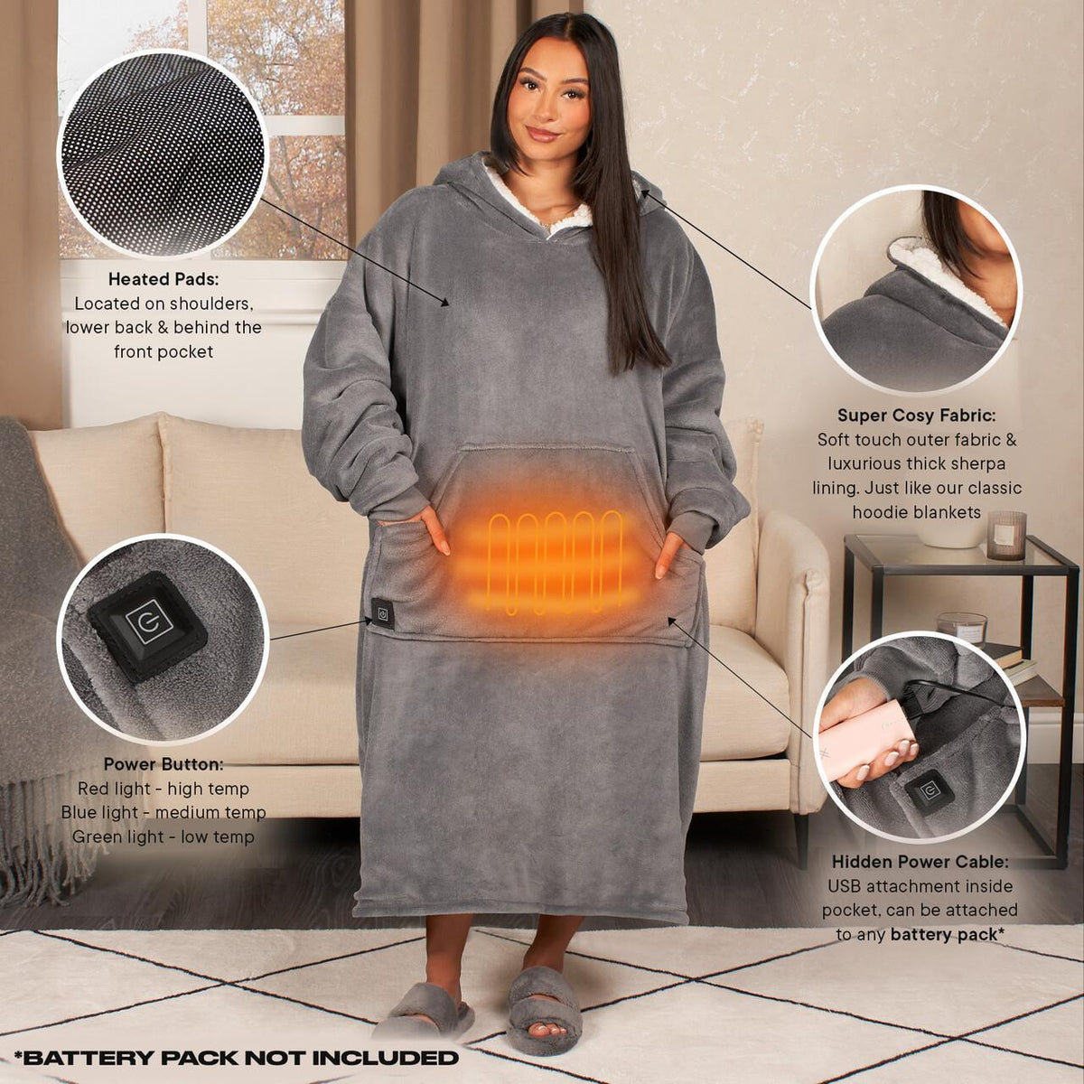 Heated Hoodie Blanket Extra Long Oversized Warm Fleece Sherpa Throw USB Jumper