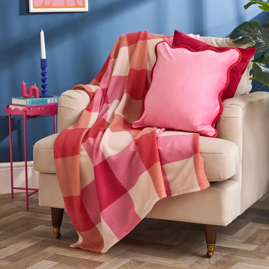 OHS Gingham Print Throw Soft Blanket Polar Fleece Lightweight Bedspread
