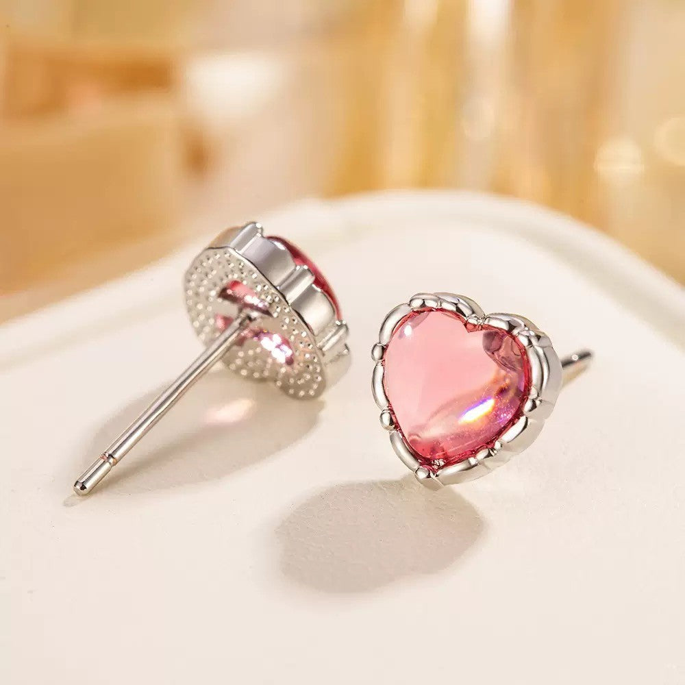 925 Sterling Silver Crystal Pink Heart Stud Earrings Jewellery Women Girls Gift