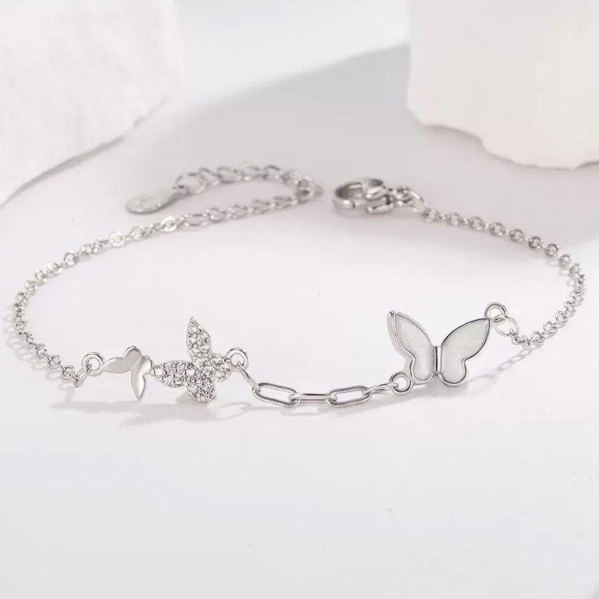 925 Sterling Silver Crystal Butterfly Linked Charm Bracelet Women Jewellery UK