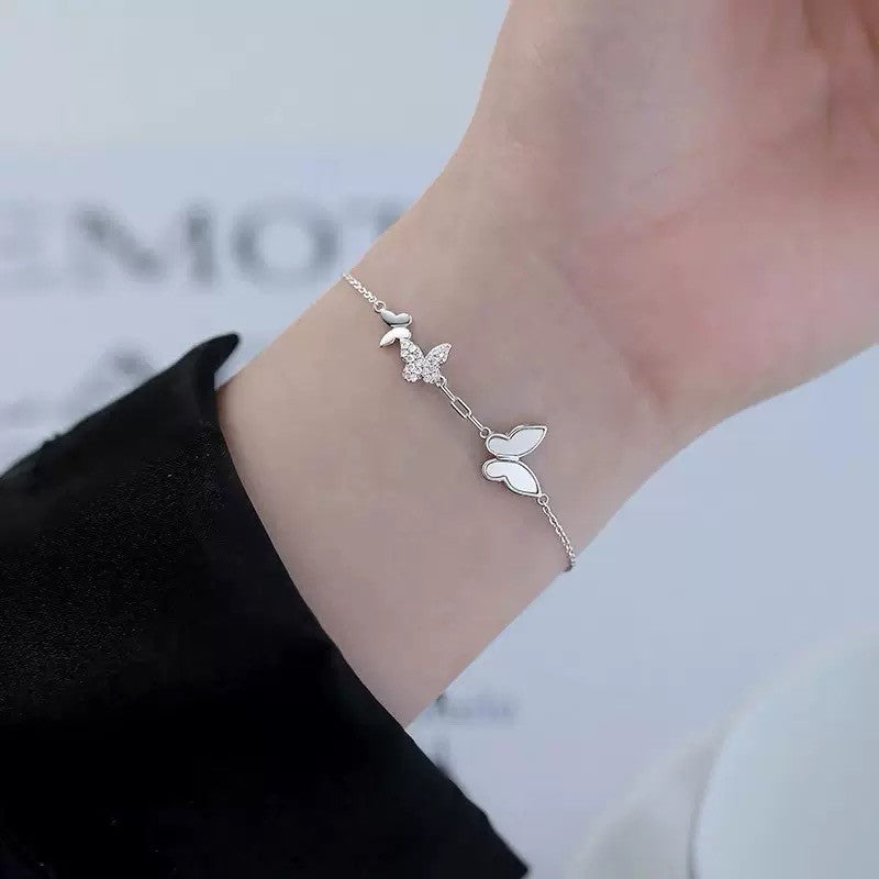 925 Sterling Silver Crystal Butterfly Linked Charm Bracelet Women Jewellery UK