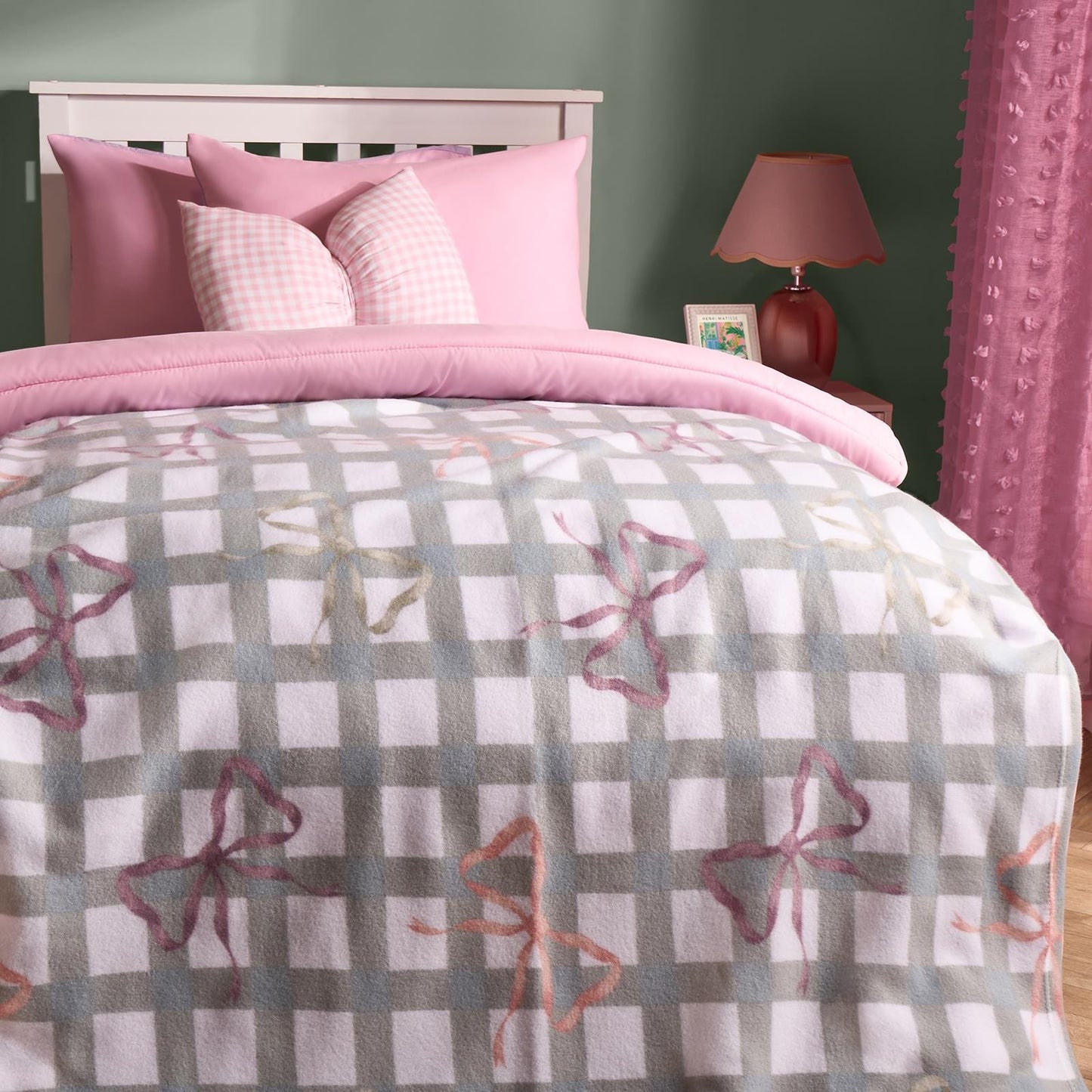 OHS Bow Gingham Throw Soft Blanket Polar Fleece Lightweight Bedspread
