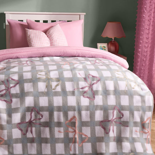 OHS Bow Gingham Throw Soft Blanket Polar Fleece Lightweight Bedspread