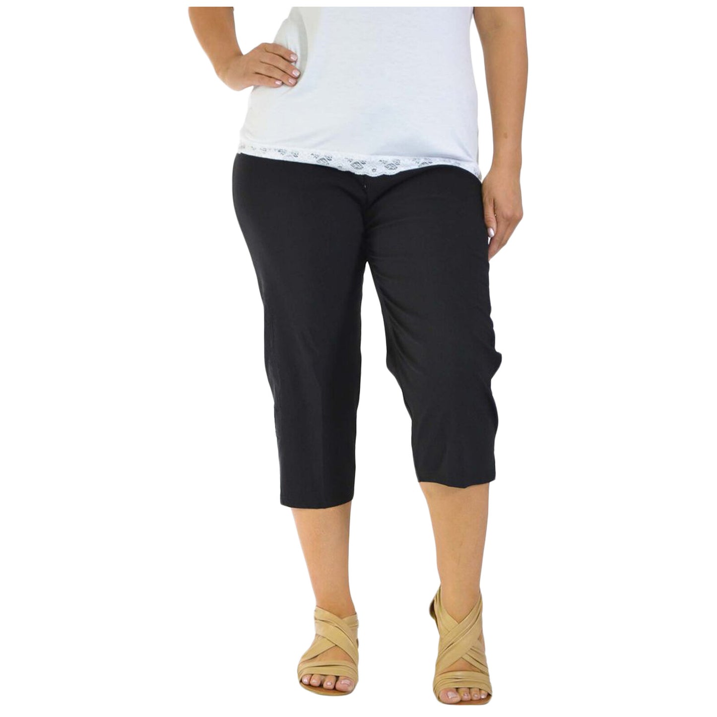 3/4 LENGTH WOMENS LADIES STRETCH ELASTICATED WAIST PLAIN PANTS CROPPED TROUSERS