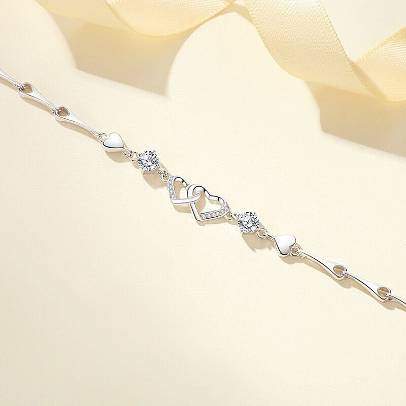 925 Sterling Silver Crystal Double Heart Linked Charm Bracelet Women Jewellery