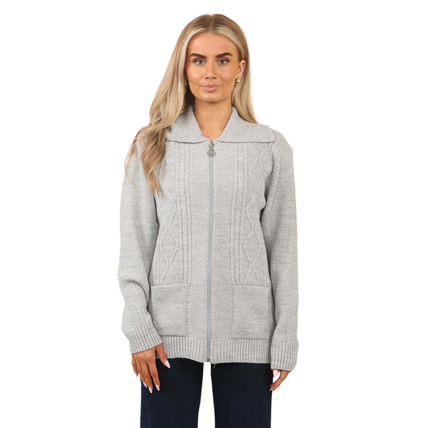 WOMENS ZIP UP CARDIGAN LADIES DIAMOND CABLE KNIT LONG SLEEVES SWEATER TOP JUMPER