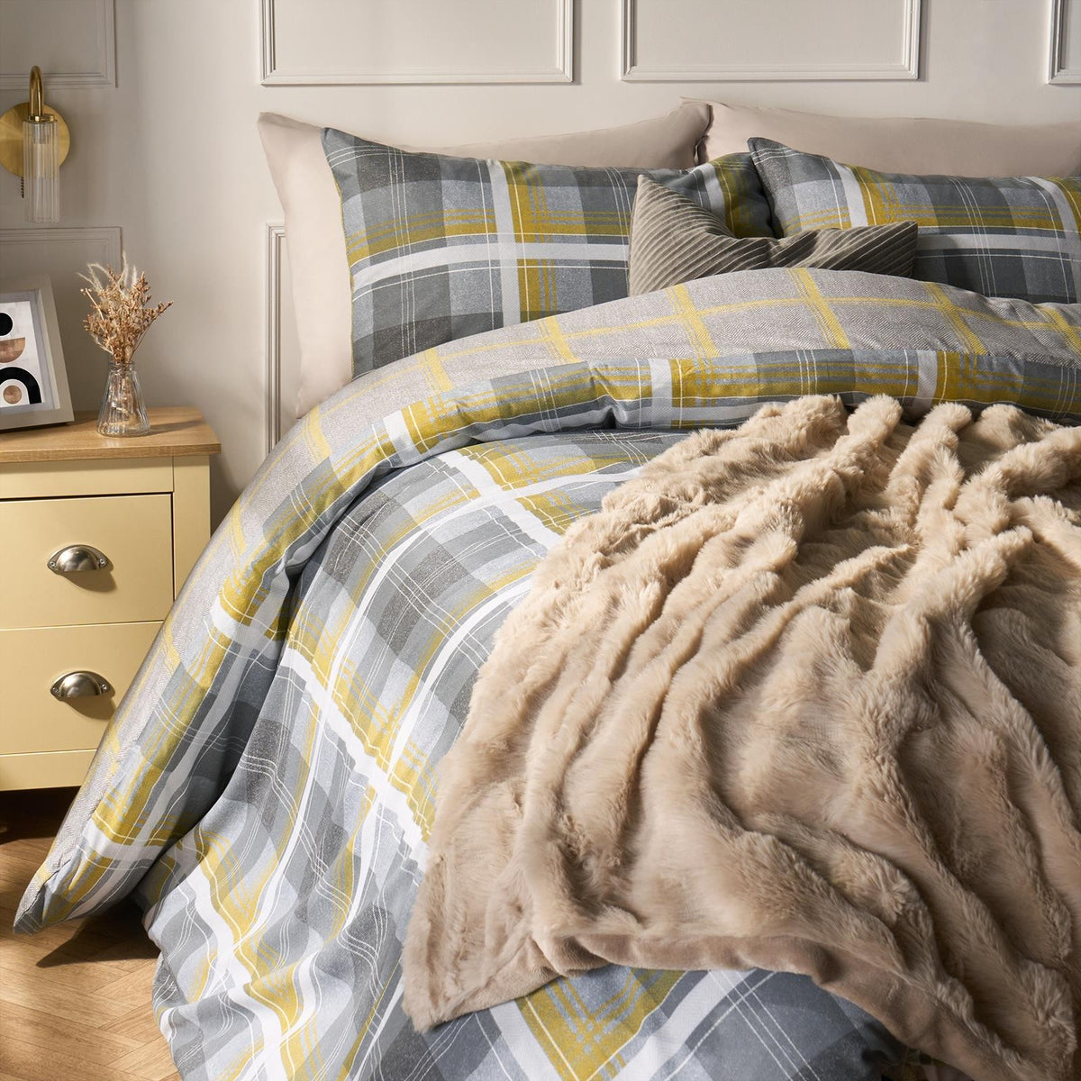OHS Denim Check Duvet Cover with Pillowcase Tartan Bedding Set Ochre Grey