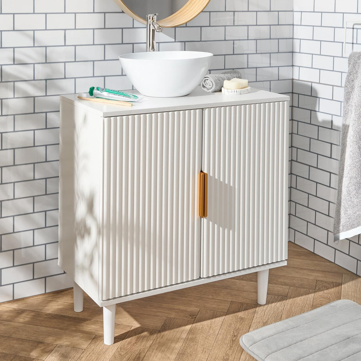 OHS Under Sink Bathroom Cabinet Ribbed Engineered Wood Storage Organiser