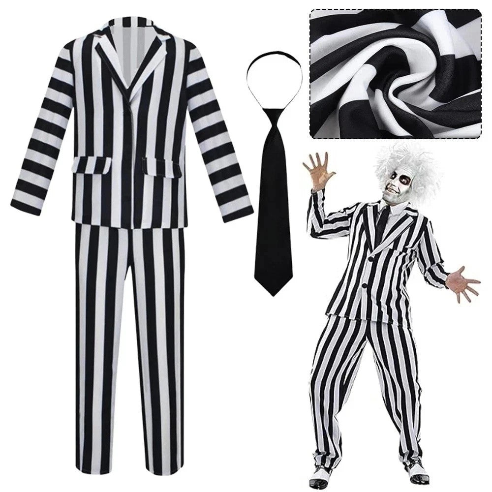 Men Beetlejuice Fancy Dress Spooky Halloween Cosplay Costume with Suit Pants Tie