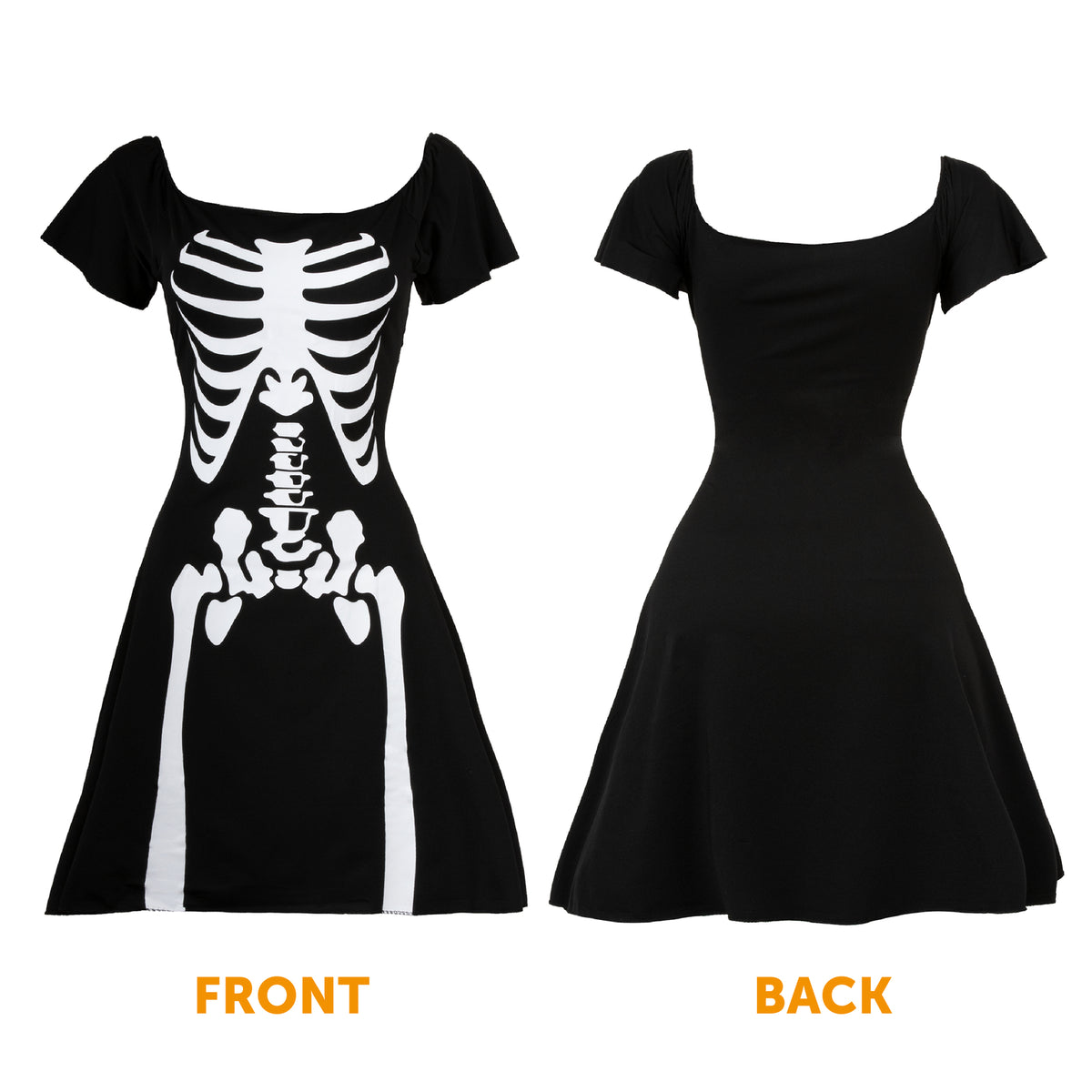 LADIES SKELETON COSTUME BLACK SKATER DRESS HALLOWEEN FANCY DRESS SIZES UK 6/18