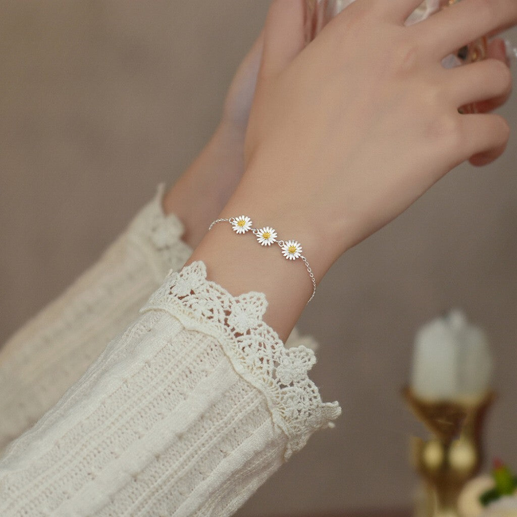 925 Sterling Silver Beautiful Flower Linked Charm Bracelet Women Girls Jewellery