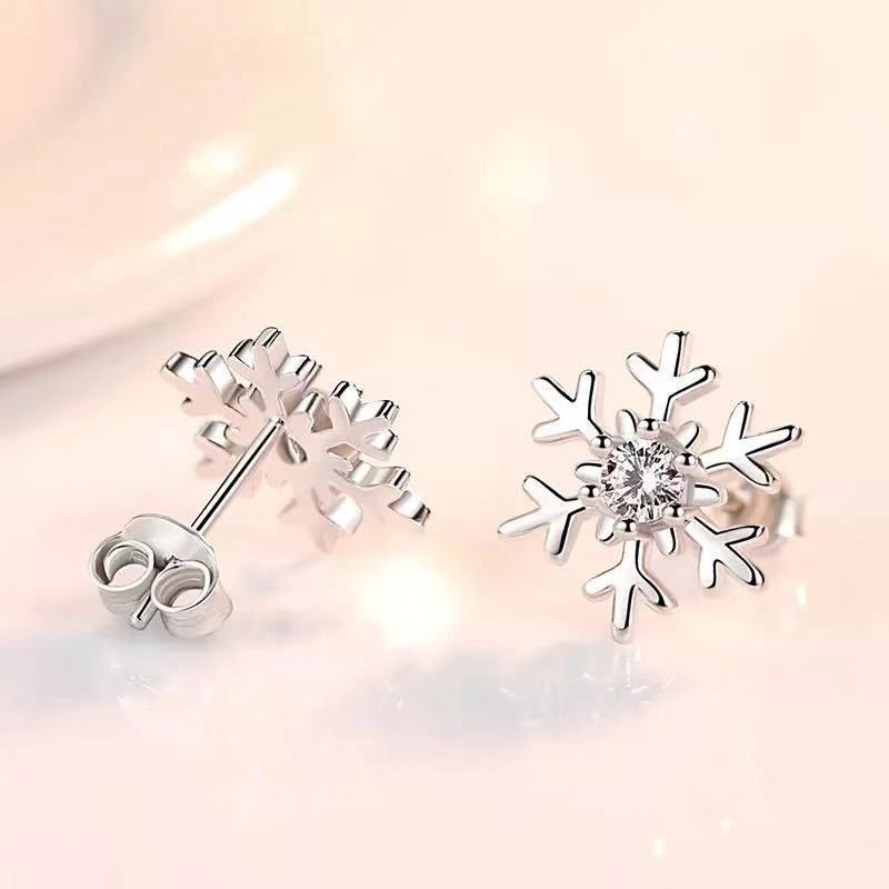 Crystal Snowflakes 925 Sterling Silver Stud Earrings Women Girls Christmas Gift