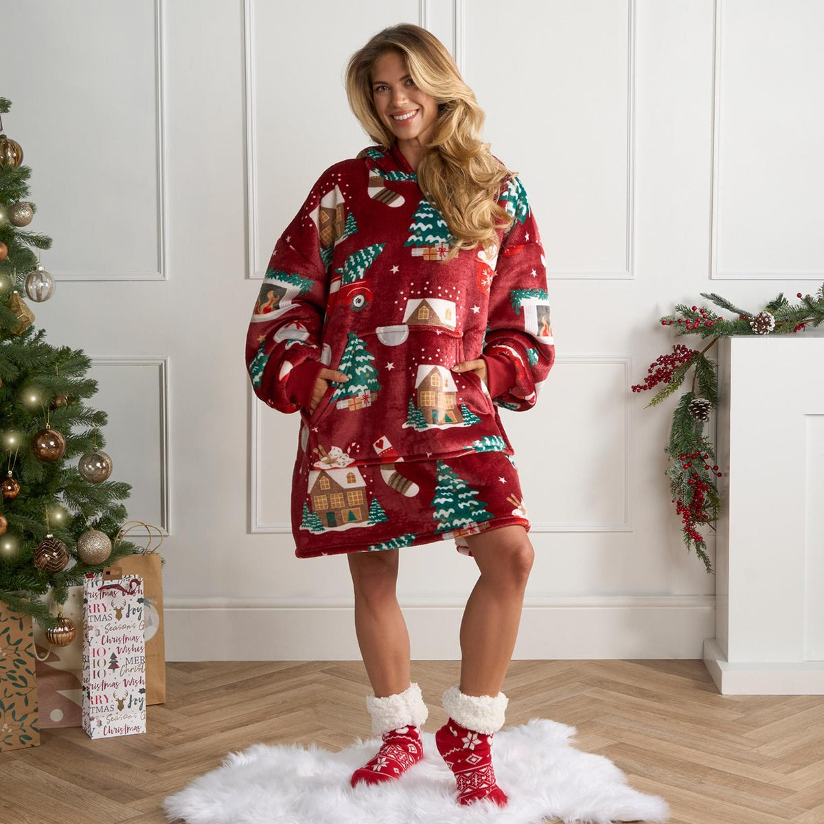 Xmas Hoodie Blanket Throw Sherpa Fleece Warm Plush Jumper Sweatshirt Super Soft
